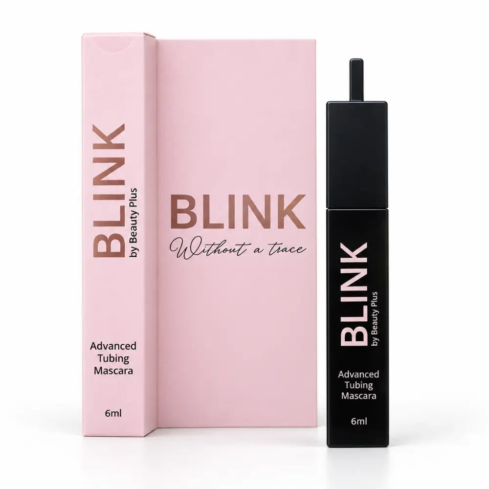 BLINK® Advanced Tubing Mascara 6ml tube beside its pink Beauty Plus box reading "Without a trace" on a white background.