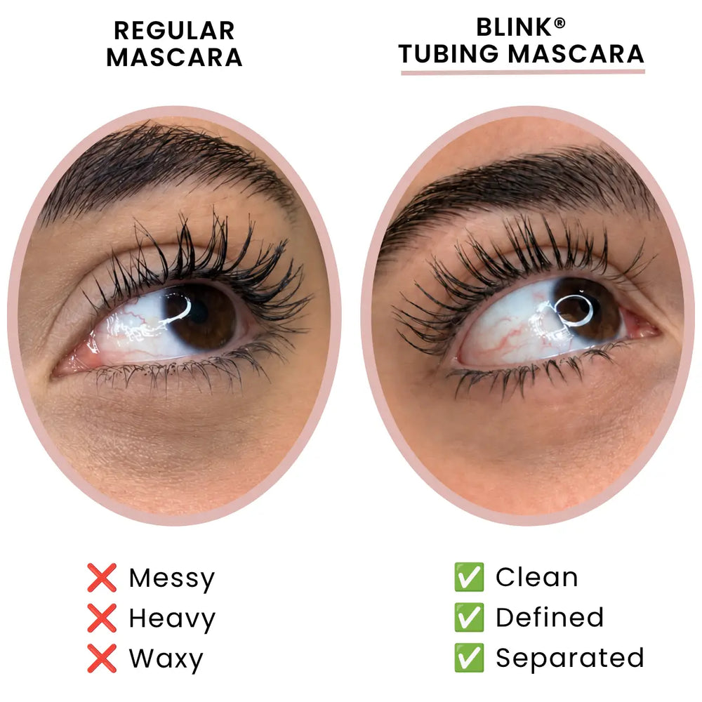 Side-by-side comparison of lashes with regular mascara, messy, heavy and waxy, versus BLINK® tubing mascara, clean, defined and separated.