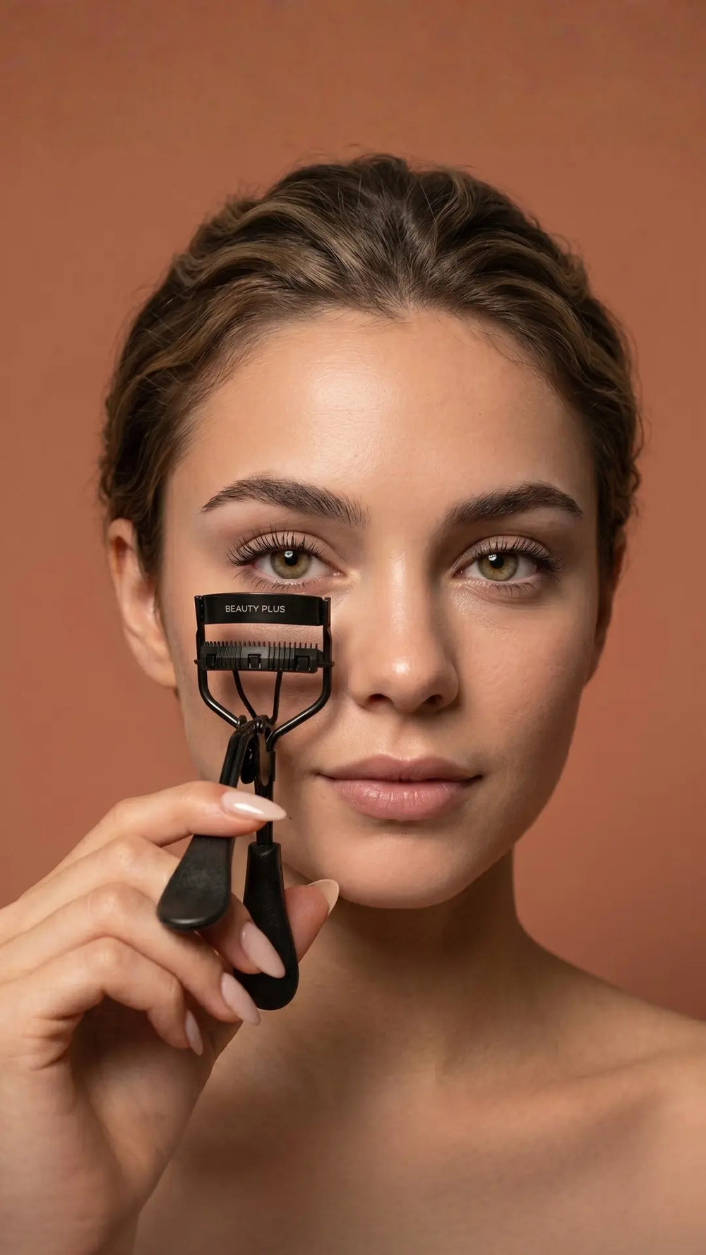 Model holding the LIFT® Lash Curler by Beauty Plus against a warm terracotta background.